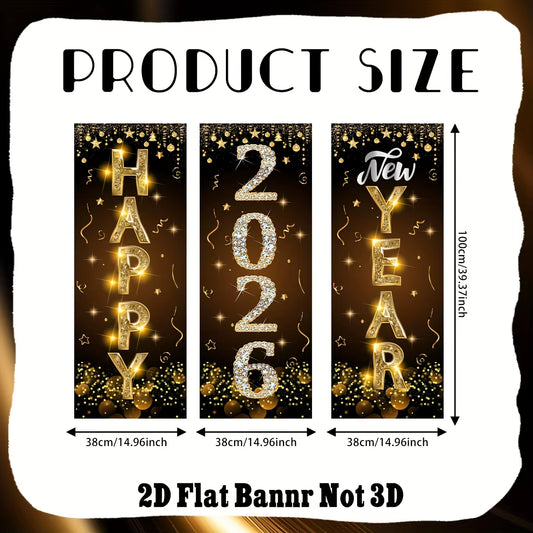2026 New Year Decorations Happy New Year Banner Black Gold New Year Door Cover Hanging Decorations for 2025 New Years Eve Party