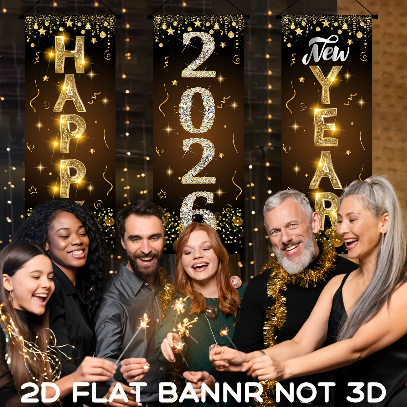 2026 New Year Decorations Happy New Year Banner Black Gold New Year Door Cover Hanging Decorations for 2025 New Years Eve Party