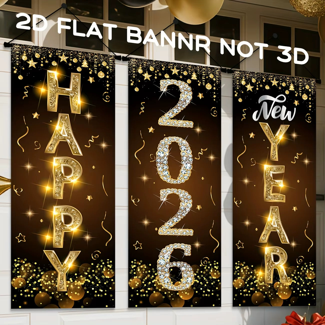 2026 New Year Decorations Happy New Year Banner Black Gold New Year Door Cover Hanging Decorations for 2025 New Years Eve Party